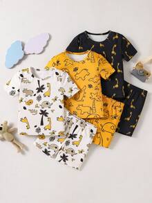 [1 Set] Young BoyCute Cartoon Animal, Gamepad, Astronaut Print Short Sleeve Shorts Snug Fit Pajama Set, Random Assortment - Multicolor - View 3