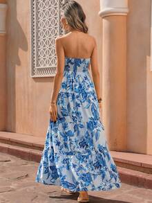 Flora Isola Flora Isola Women's Spring/Summer Outfit: Exquisite And Elegant Resort Style Floral Print Strapless Dress With Gathered Waist And Full Skirt - Blue - View 2