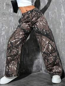 SHEIN PETITE Women's All-Over Print Slant Pocket Casual Wide Leg Jeans - Multicolor - View 6