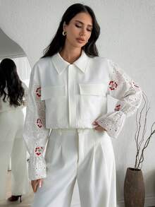 SHEIN Women's Casual Hollow Out Embroidered Drop Shoulder Long Sleeve Jacket With Pockets, Spring/Autumn - Beige - View 6