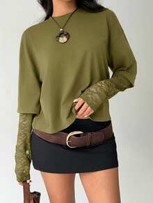 Aloruh Kaos Wanita Kasual Warna Polos Kerah Bulat Pas Badan, Kaos Patchwork Renda Manis - Hijau Tentara - View 3
