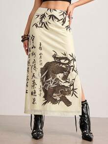 ROMWE Avant 中国风虎竹叶书法印花开衩下摆女裙 - 杏色 - 查看 5