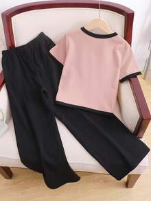 SHEIN 2pcs Tween Girl Contrast Color V-Neck Short Sleeve Shirt And Casual Pants Set - Pink - View 2