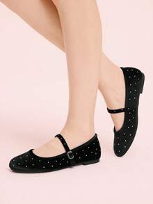 CUCCOO DOLLMOD Round Toe Low Vamp Buckle, Soft Sole Shoes, Women's French Retro Slip-On, Riveted Grandma Shoes, Women's Fashion Outer Wear Versatile Mary Jane Ballet Shoes Valentine's Day - Black - View 3