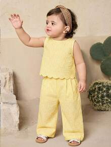 SHEIN Baby Girls Striped Print Shell Trim Camisole & Pants Set - Multicolor - View 4