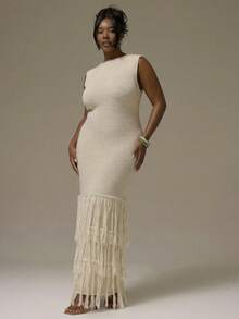 MUSERA Plus Size Sleeveless Ribbed Fringe Detail Maxi Sweater Dress Vacation Holiday Cute Holiday Romantic Cute Summer Sexy Beach Curve   Chic Elegant Spring Spring Summer - Apricot - View 4