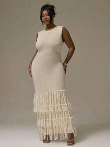 MUSERA Plus Size Sleeveless Ribbed Fringe Detail Maxi Sweater Dress Vacation Holiday Cute Holiday Romantic Cute Summer Sexy Beach Curve   Chic Elegant Spring Spring Summer - Apricot - View 6