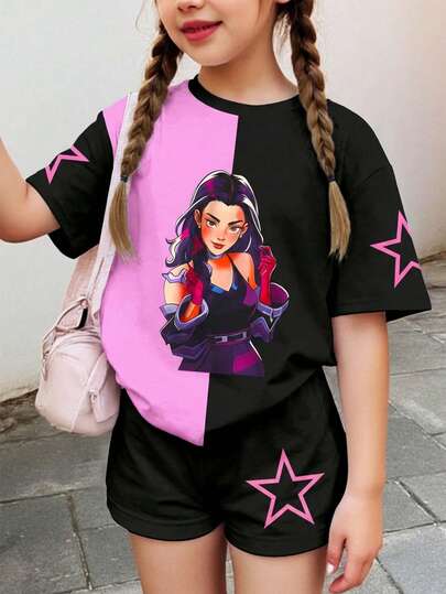 SHEIN Tween Girl Cute & Korean Style Graphic Print Colorblock Loose Fit Short Sleeve Top + Black Leggings Set
