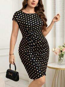 Reflora 大码夏季通勤波点印花连衣裙 - 黑色 - 查看 5