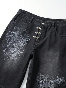 ROMWE MEN Goth Herren Lässige Denim Shorts mit Blume Muster und Tasche, locker geschnitten - Schwarz - Übersicht 8