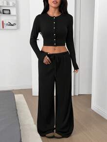 SHEIN EZwear 女士纯黑色针织休闲长袖上衣和裤子家居服套装 - 黑色 - 查看 3