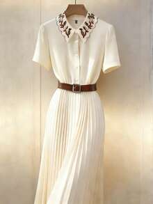 Franclia 女士新款优雅通勤刺绣领口A字连衣裙，腰部饰有腰带，收腰设计，褶裥工艺，杏色中长连衣裙，适合通勤、商务、约会、派对等场合，春夏短袖 - 杏色 - 查看 1