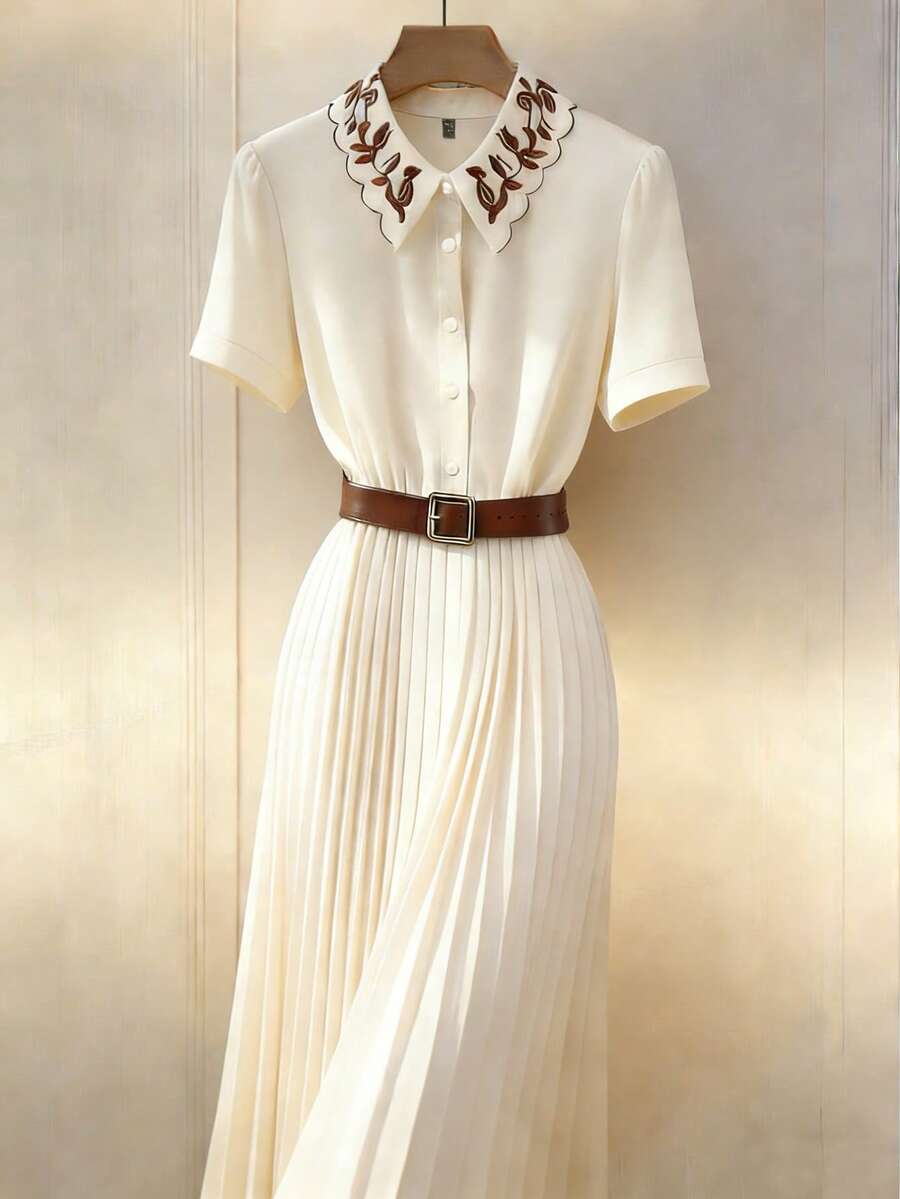 Franclia 女士新款优雅通勤刺绣领口A字连衣裙，腰部饰有腰带，收腰设计，褶裥工艺，杏色中长连衣裙，适合通勤、商务、约会、派对等场合，春夏短袖 - 杏色 - 查看 1