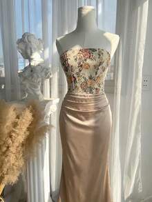 SHEIN MOD 女士花卉拼接提花褶裥鱼尾优雅无肩带中长连衣裙 - 彩色 - 查看 6