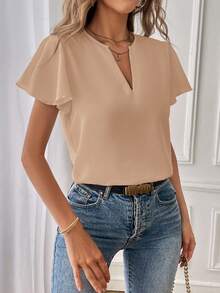 SHEIN Essnce 女士休闲V领荷叶边短袖衬衫 - 卡其色 - 查看 4