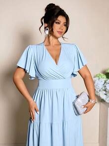 Elenzga Plus Size Women's Elegant Waist Cinched A-Line Long Sleeve Midi Dress, Suitable For Commuting, Spring/Summer - Blue - View 6