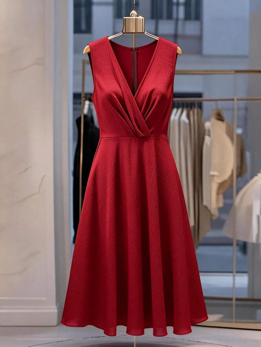 GlowEve CURVE Plus Size Summer Casual Solid Color Overlap Collar Pleated Dress, Suitable For Day - Red - View 1
