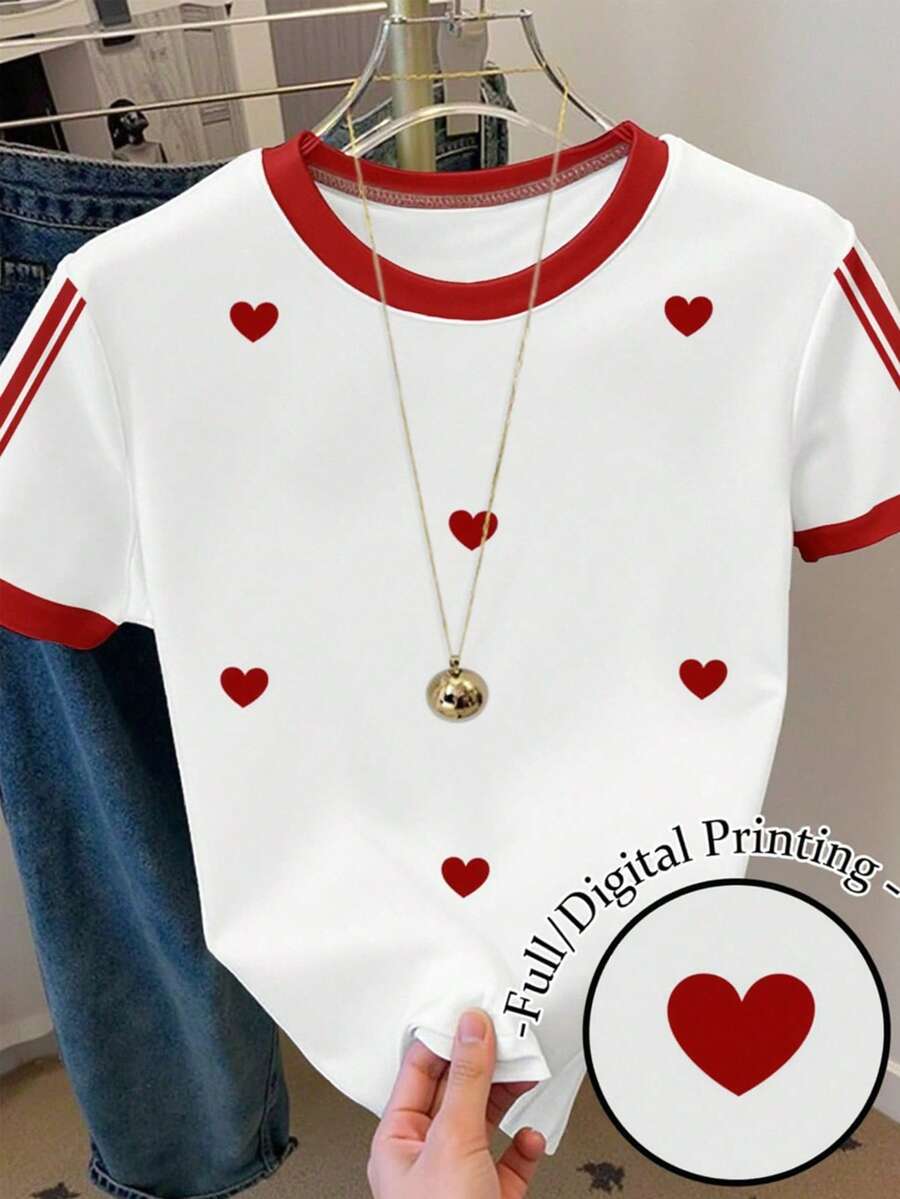 1pc Young Girls' Casual Fashionable Creative Personalized Fresh Cute Minimalist Heart & Stripe Print Basic Short Sleeve T-Shirt, Comfortable Outfit, Suitable For Valentine's Day Atmosphere, White Tee For Young Girls In Spring, Summer, Autumn, Winter T Shirt Cotton T Shirt For Girls Heart Shirt - Multicolor - View 1