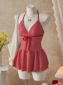 Swim Mod 2026春夏度假沙滩红色格子可爱甜美V领双层泳衣连衣裙，新款女式泳装到货，适合上学、度假、约会、下午茶、西式、邮轮、海滩、海岛、公路旅行、四季皆宜、音乐节、波西米亚风度假、凉爽秋季、西部波西米亚风、优雅女式泳衣、女式吊带泳衣、可爱女式泳衣、女式沙滩装、女式连体泳衣、女式收腹泳衣、女式全包臀泳衣、女式夏季泳装连衣裙 - 紅色 - 查看 11