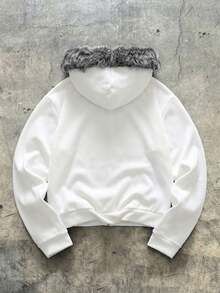 AXEPEAK Amerikanischer Stil Schwarz Fellkragen Hoodie, Nischen Design Slim Fit Kurze Sweatjacke für Herren - Weiss - Übersicht 2
