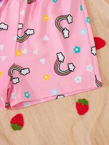 Conjunto de Pijama de Verão para Meninas Pequenas - Top de Manga Curta com Estampa de Coroa e Unicórnio em Azul Claro + Shorts com Estampa de Arco-íris e Nuvem Rosa, Estilo Princesa Fofo e Casual Solto, Roupa de Casa de Verão para Bebês com Estampa Fofa de Unicórnio Cartoon - Azul - Visão 8