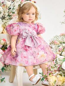 SHEIN 一件女婴优雅可爱粉色碎花图案欧根纱连衣裙，公主裙，适合生日派对、返校季、晚宴、演出、婚礼等场合。 - 粉色 - 查看 6