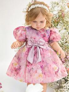 SHEIN 一件女婴优雅可爱粉色碎花图案欧根纱连衣裙，公主裙，适合生日派对、返校季、晚宴、演出、婚礼等场合。 - 粉色 - 查看 8