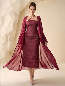 Modelyn Conjunto elegante de 2 piezas para mujer: Chaqueta de manga larga de gasa en borgoña y vestido de línea A con cintura ceñida y escote halter metálico, para primavera/verano - Burdeos - Ver 6