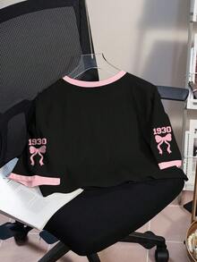 Betty Boop x SHEIN Women's Summer Cartoon And Bow Number Print Ringer Short Sleeve Cropped T-Shirt - White - View 2