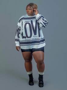 CurvyTilda Casual Street American Retro New Style Round Neck Off-Shoulder Letter English Logo Printed Long-Sleeved Super Loose T-Shirt Skirt Apricot Bottom Green Flower Women's T-Shirt-AIn Fall/Winter - Black and White - View 1