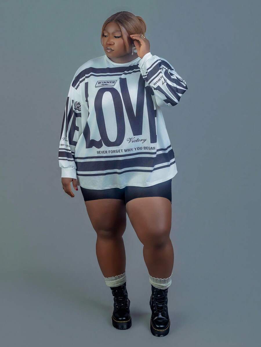 CurvyTilda Casual Street American Retro New Style Round Neck Off-Shoulder Letter English Logo Printed Long-Sleeved Super Loose T-Shirt Skirt Apricot Bottom Green Flower Women's T-Shirt-AIn Fall/Winter - Black and White - View 1