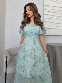 Jemour 女士雪纺蝴蝶蝙蝠袖褶饰可爱法式夏装 - 綠松石色 - 查看 5