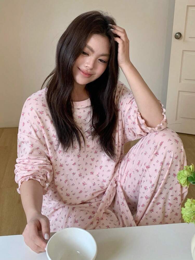 Dazy Plus Plus Size Women Small Floral Print Loose Pajama Set, Home Wear For Spring & Autumn