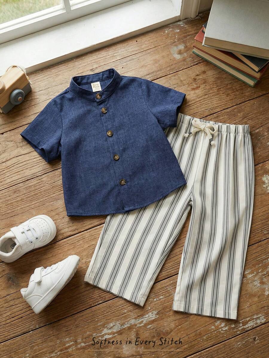 Cozy Pixies 2pcs Baby Boy Solid Color Short Sleeve Cardigan Top And Striped Elastic Waist Pants Set - Multicolor - View 1