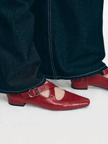 Mnmlis Solid Color Small Square Toe Daily Fashion Comfortable Versatile Casual Flat Shoes, Suitable For Walking Travel And Vacation - Burgundy - View 4