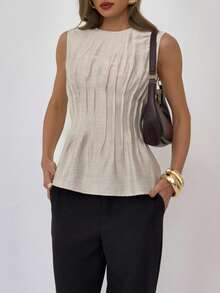 Aloruh 女士优雅通勤圆领收腰褶皱无袖衬衫 - 卡其色 - 查看 11