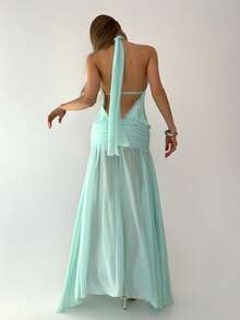 Aloruh 女士浪漫性感纯蓝色高领系带露背褶皱A字不对称连衣裙，适合春夏度假和约会 - 薄荷藍 - 查看 2