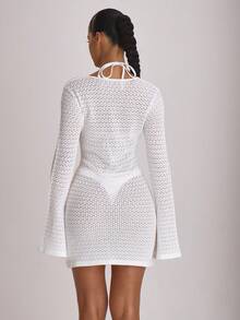 Musera Resort 钩针编织系带宽松罩衫迷你连衣裙泳装度假夏季旅行沙滩装基础款单身派对婚礼新娘单身派对纯色度假风 - 奶油色 - 查看 4