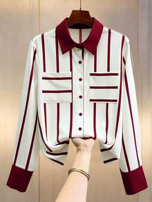 SHEIN Áo sơ mi nữ, cổ bẻ, tay dài, cài cúc phía trước, thiết kế phối màu ở cổ áo, cổ tay, thân áo và tay áo, kiểu dáng rộng rãi thoải mái, phong cách thời trang màu đỏ tía, áo sơ mi đỏ trắng, áo công sở nữ, áo sơ mi nữ công sở, áo sơ mi nữ công sở, áo sơ mi nữ công sở, áo sơ mi trắng đỏ, áo công sở nữ, áo sơ mi nữ công sở cho nữ - Nhiều màu - Xem 4