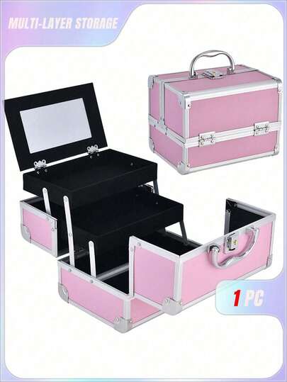 1 Makeup Storage Box, Portable Makeup Bag With Mirror, Professional Makeup Tools, Large Capacity Waterproof Multifunctional Travel Makeup Bag, Makeup Organizing Box