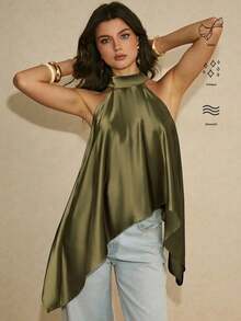 Poéselle Women's Green Asymmetric Hem Casual Halter Neck Tank Top,Elegant Women's Blouse,Casual Blouses For Women,Vacation Outfits For Women ,Y2K Top ,Green Top,Summer Tops,Spring Outfit Women,Going Out Tops For Women,Spring/Summer - Black and White - View 1