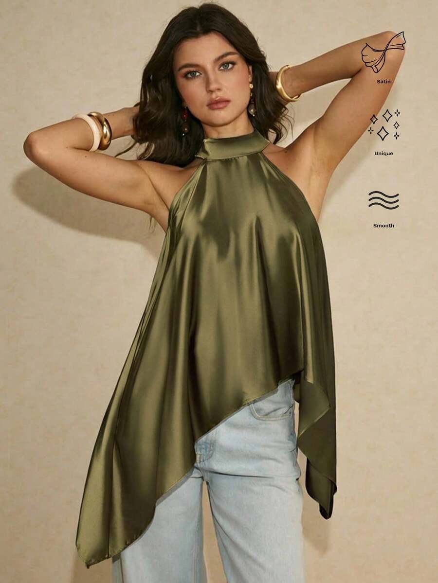 Poéselle Women's Green Asymmetric Hem Casual Halter Neck Tank Top,Elegant Women's Blouse,Casual Blouses For Women,Vacation Outfits For Women ,Y2K Top ,Green Top,Summer Tops,Spring Outfit Women,Going Out Tops For Women,Spring/Summer - Black and White - View 1