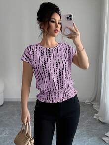 Elenzga Áo thun nữ cổ tròn in họa tiết, eo chun, kiểu dáng đơn giản, tay raglan, thích hợp cho mùa xuân/hè/thu/đông, trang phục dự tiệc, thanh lịch, dạ hội, phù hợp cho mặc hàng ngày, đi làm, mùa cưới/lễ hội âm nhạc. - Màu tím hoa cà - Xem 5