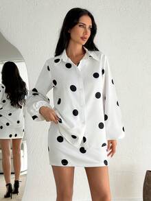 White Polka Dot Printed Two Pieces Set – Button-Up Shirt And Mini Skirt - Black and White - View 4