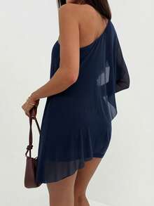 Aloruh Đầm ngắn nữ màu trơn lệch vai tay dài xếp nếp gợi cảm - Màu xanh hải quân - Xem 2