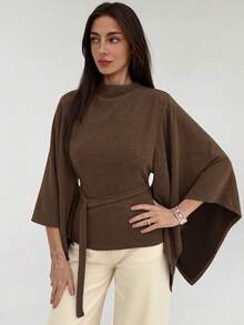 Aloruh 女士纯色立领喇叭袖系带时尚衬衫 - 咖啡棕 - 查看 5