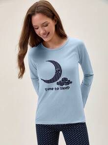 Loomlin 2pcs Cotton Contrast Colour Moon Printed Shirt And Star Printed Sleep Bottom PJ Set - Baby Blue - View 5