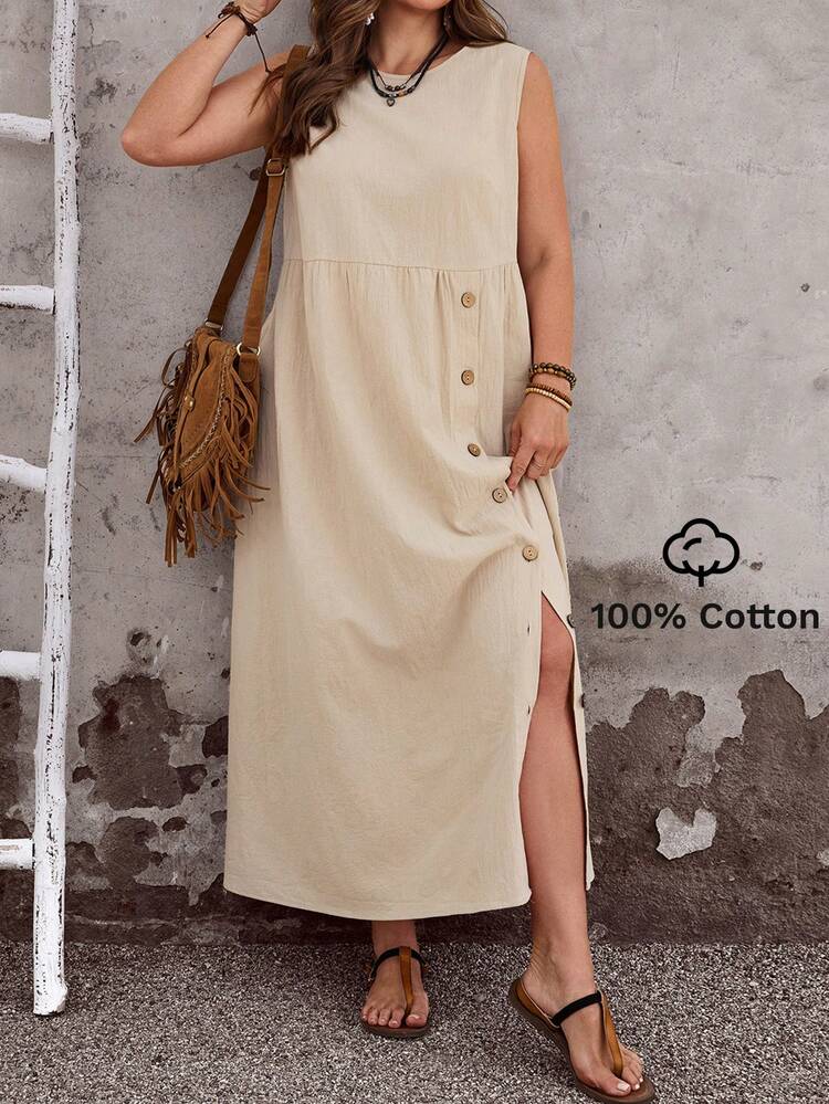 Plus Size Women's Summer Casual Vacation Country  Round Neck Sleeveless Solid Color Linen Long Dress With Button Slit , Summer Holiday,Spring Break Outfits ,Vacation Outfits Women ,Holiday Outfits For Women,Spring Dress Women,Going Out Outfits,2026 New Clothes,Simple And Fashionable For Everyday Wear,Casual Vacation Boho Dress,Dresses For Women,Flowy Dress,Holiday Outfits Boho Casual Long Dress