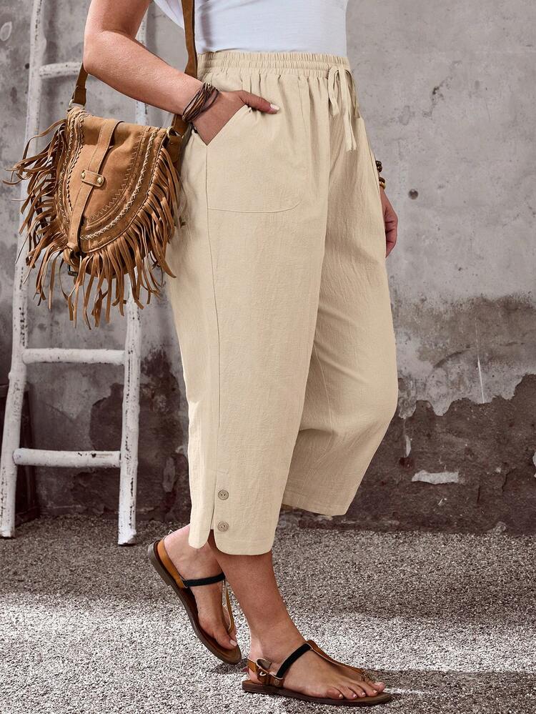 Plus Size Women's Summer Casual Vacation Country Linen Color Solid 7/8 Pants With Pockets, Spring/Summer/Vacation,Summer Holiday,Spring Break, Vacation Women, Holiday For Women,Going Out,2026 New,Simple And Fashionable For Everyday Wear,Suitable For Summer, Vacation,Daily Wear, Women Wide Leg Capri Pants, Women's Capri Pants, Women Summer Pants