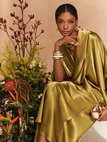 Zivah New Spring/Summer Commuter Elegant Loose Mustard Yellow Crossover Silhouette Top + Satin Skirt Women Two Pieces Set,Suitable For Valentine's Day , Dates, Party, Gatherings, Holidays, Vacation,Nomadic Style, Beach, Seaside,Concerts, Everyday Outings, New Year's, Revelry, Brunch Outfits, Wedding Guest Outfits, Wedding Season,Casual-A - Mustard Yellow - View 6